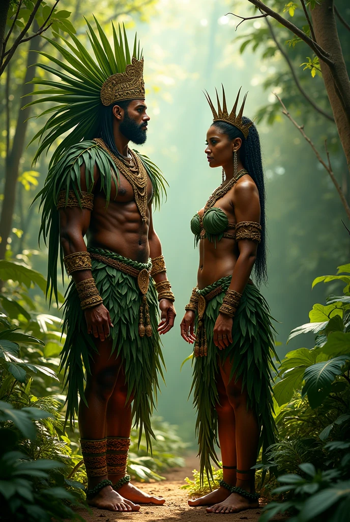 A prehistoric hunter-gatherer couple celebrating a successful hunt, surrounded by colorful flora and fauna. Ensure their clothing and body paint reflect the rich, natural pigments available during that era