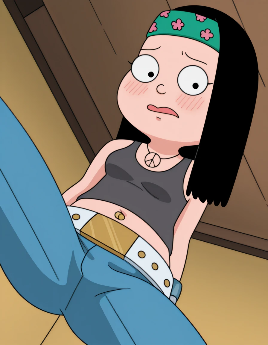 akiko, 1girl, black hair, solo, ponytail, sweater vest, , orange skirt, socks, shirt, short sleeves, shoes, smile,looking at viewer, american dad,dot pupils, panties, sitting on chair, spread legs, skirt lift, upskirt view , cameltoe, smiling,
