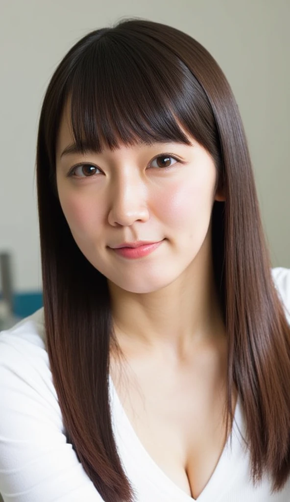 (Highest quality、Tabletop、8K、Best image quality、Award-winning works)、1. pretty girl、T-Shirts、Perfect girl portrait photo、Glowing Skin、Brown Hair、Large Breasts、Accentuate your body lines、Standing Elegantly、(Face close-up:1.1)、Woman looking up at me、Cute Smile、(The simplest solid white background:1.5)、(Glowing White Skin:1.2)、(Very white skin:1.2)