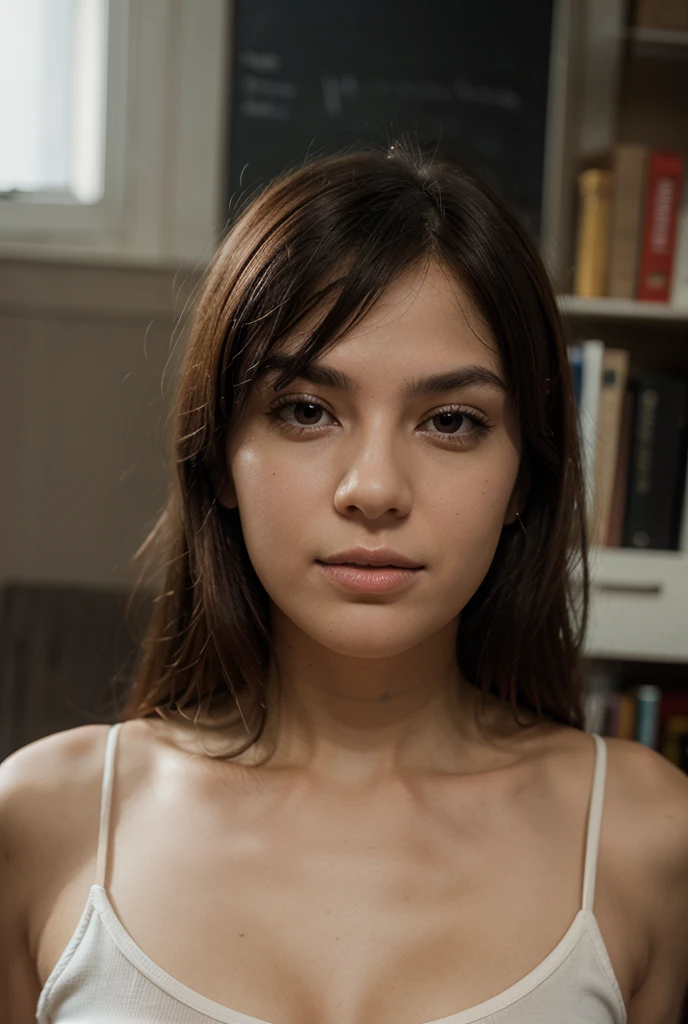 (Hermosa mujer latina:1.1, cabello corto, cabello desordenado, ropa interior purpura, (alta calidad, 4k, ultra detallado, fotorrealista:1.37), (retrato, colores vibrantes), (warm tones), (Soft lighting)