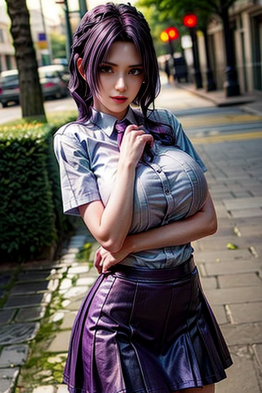 (1 lady), (Best quality at best:1.4), (ultra - detailed), (extremely detailed CG unified 16k), A Beautiful Woman with Perfect Figure: 1.4, Sharp Focus: 1.2, very detailed, High-definition RAW color photo, professional photoshooting, amazing face and eyes, cosmetics, (amazingly beautiful girl), ((kotomi)), ((scho0l uniform, blue pleated skirt, hikarizaka shirt, veige coat)), standing, sexyposture,outside high scho0l, tree, nature, (look from down), realistic cinematic face, head to feet long wide zoomed out view, full body long view, photorealistic, ((realistic natural purple hair style, purple eyes)), gorgeous, extremely beautiful face, perfect model beauty, pout mouth, Highly Detailed Face and Skin Texture, Detailed Eyes, Double Eyelids, Medium Breasts, Smile, flirting smile, laughing hard, cleavages, western, (masterpiece), best quality, high resolution, extremely detailed, blurred background, depth of field, cinematic lighting, amazing legs, high heels, clear and well-cared skin, hdr