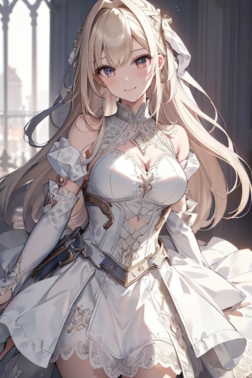 warspite \(kancolle\),((masterpiece)),(((best quality))),((ultra-detailed)),((illustration)),((disheveled hair)),((frills)),(1 girl),(solo),best quality, masterpiece, highres, solo, {warspite_kantaicollection:1.15}, blonde_hair, long_hair, blue_eyes, french_braid, hairband, crown, mini_crown, breasts, hair_between_eyes, smile, flower, large_breasts, 1girl, hair_flower, alternate_costume, looking_at_viewer, floral_print, red_flower, full_body, wedding_dress, wedding, veil