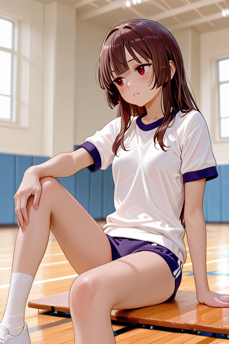 ultra-detailed,masterpiece,best quality,1girl,(petite),blush,middle breasts,sgu,gym uniform,indoor,volleyball court,see-through,bra,sweat,wet,volleyball net<lora:add_detail:1>  <lora:sgu:0.6>