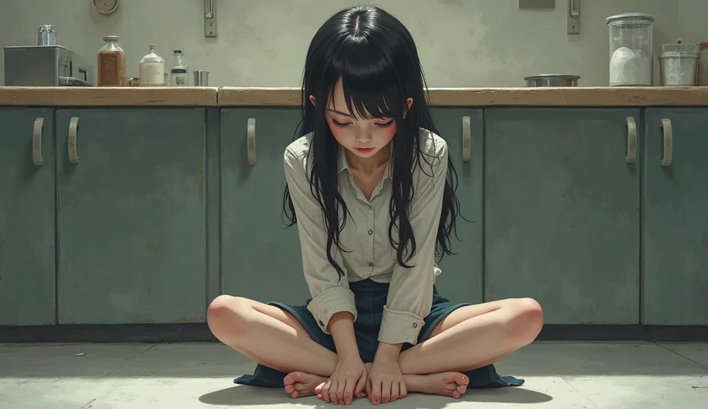 In high school, little girl sat at home on the floor crying
