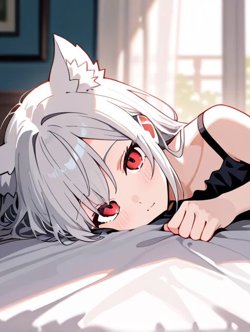 1 girl,Solo,tan,White hair,red eyes,wolf hair,breasts focus
wolf girls,Androgynous,big breast
best quality,very aesthetic,absurdres,pov,downblouse