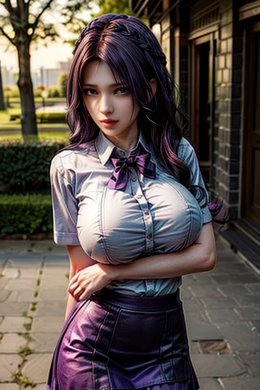 sit in tropical rainforest , steam , waistband of skirt is at the point above chest , plaid skirt , pleated skirt , Tight shirt , white Shirt , school girl , skirt under breasts , skirt is near breasts area , skirt is adjacent to the chest , (masterpiece, best quality, hires, high resolution:1.2, 4k, 8k , high quality), extremely detailed, realistic, intricate details, highres, 1girl, solo, (large breasts, thick thighs, wide hips), arched back,(cinematic lighting, sunlight, perfect lighting, backlighting), eye-level shot, extreme close-up-shot, looking at viewer, , green skirt nakano_yotsuba_ecsta, blue eyes, orange hair, hair ribbon, nakano yotsuba, short hair, green ribbon, hair between eyes , masterpiece, best quality, 1girl,smile,reisen udongein inaba, purple hair,very long hair, rabbit ears, red eyes,black jacket,pink skirt,necktie , twin tails hair