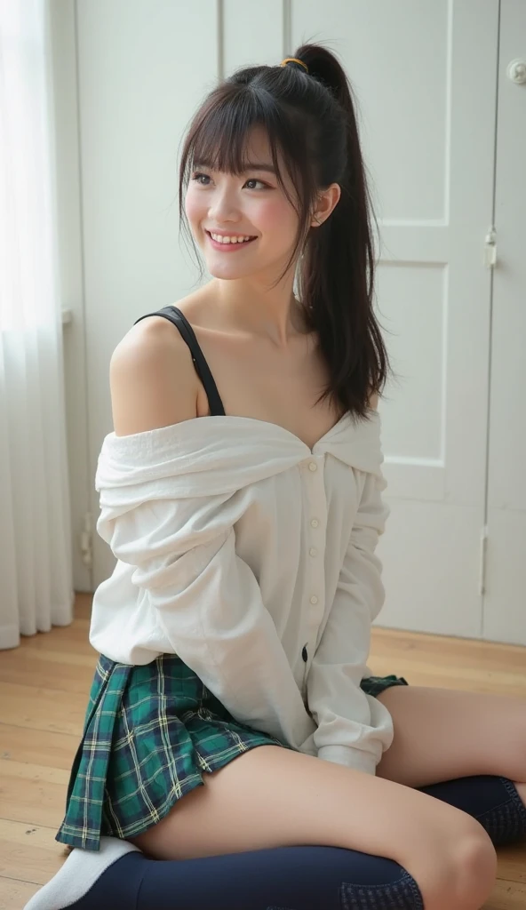(8K, RAW Photos, Highest quality, masterpiece:1.2), masterpiece, super detailed, super high quality, (Realistic and photorealistic photography:1. 37), High-resolution RAW color photos, Very delicate and beautiful, highly detailed, 8k wallpaper, wonderful, detailed, Very eye, very detailed, very detailed skin, very thin fingers, very detailed nose, very detailed mouth, Perfect Anatomy, BREAK,18 year old girl, (medium hair:1.2), Big Natural Color Lip, (Plumpy body:1.2), (smooth skin:1.1), (medium large breasts:1.0), BREAK, (off-shoulder white see-through shirt:1.2 (Short plaid see-through pleated skirt, BREAK, little smile, hotel room