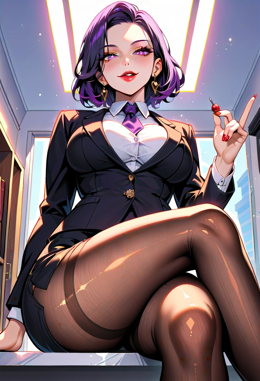 purple short hair Glasses Purple blouse purple stockings (lanyard id card) 50 years old red rouge plump lips round face Plump (eyecontact) ((A sexy perverted mature woman sitting on a computer desk in the office, pressing her steamy soles towards me, seen from directly below.)) Beautiful soles Photographed from a low angle masterpiece 8k ((Depicted from a low perspective, as if seen from directly below.)) (Cheeky sexy pervert milf tries to step on my face with her steamy wet stinky feet) ((My sole is stuffy and smelly through my wet stockings)) Puppy's Perspective a look of contempt and condescension