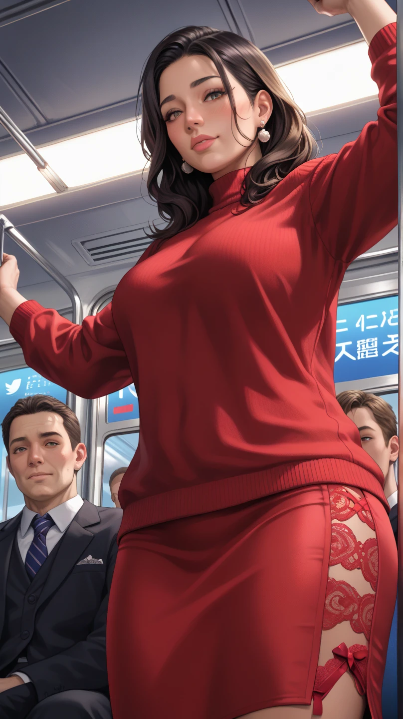 1 female, 40 years、very detailed顔、lip details、detailed eye、double eyelid、(black bob hair、Walk slowly down the aisle with a smile on your face)、(stewardess uniform:1.2)、(glamorous body)、(big breasts)、thighs thighs thighs, Exactly, perfect image realism, With background: (airplane business class aisle:1.2), cowboy shot, Detailed background, detailed costume, perfect lighting、hyper realism、(Photoreal:1.4)、8K maximum resolution, (masterpiece), very detailed, Professional, butt facing camera, waist shot, Rear view, ((satin pencil skirt))、pink nipples、