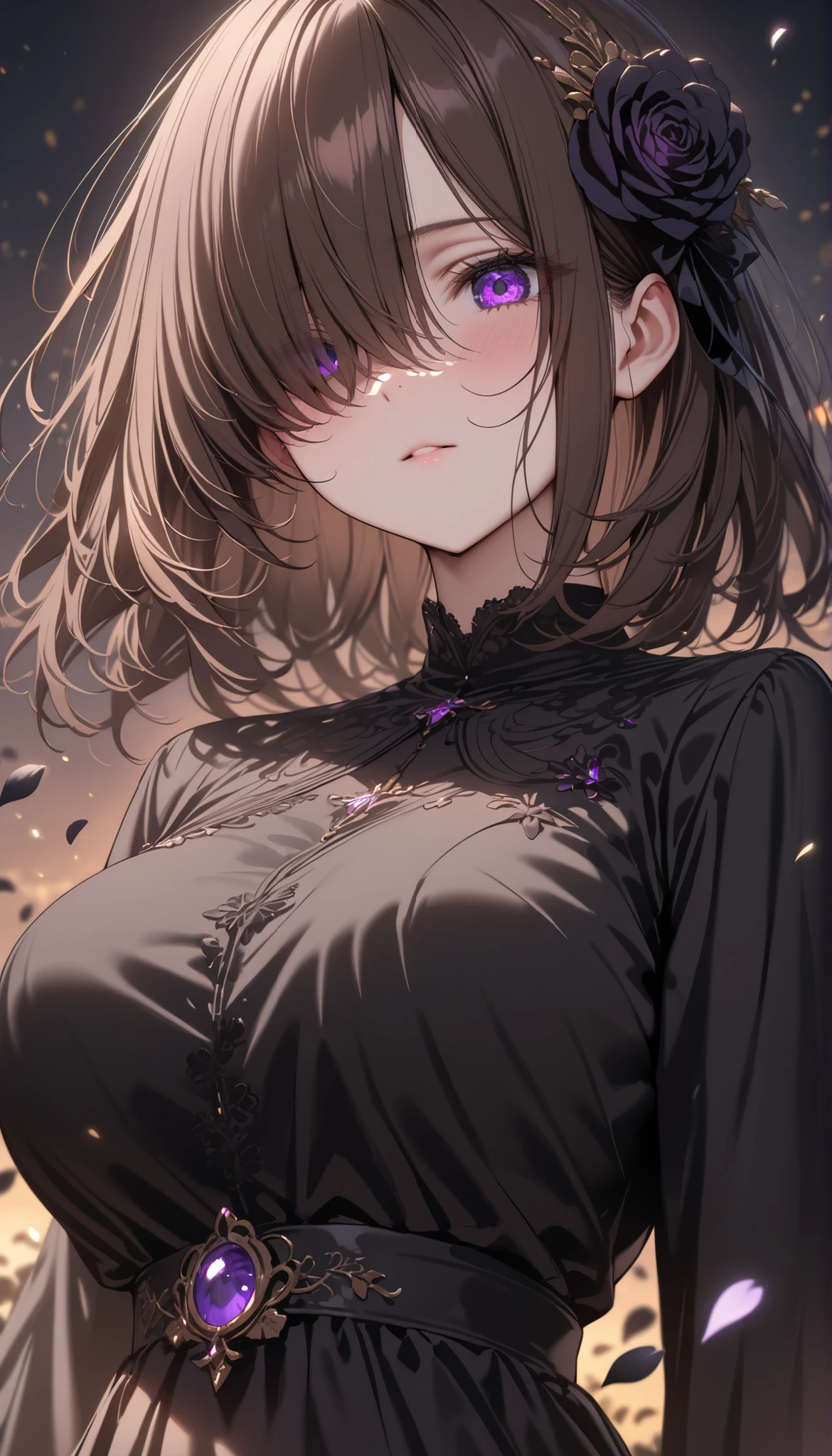 (masterpiece, Highest quality:1.2), (1girl) ,alone, ((medium hair)), ((straight hair)) ,((dark brown hair)), ((hair over face)), (hair over one eye), (hair over right eye), ((detailed eyes)), ((purple eyes)), ((large breast)), high detail, bloom, (black dress), ((detailed face)), (beautiful effects), black flowers, black rose field, black petals,