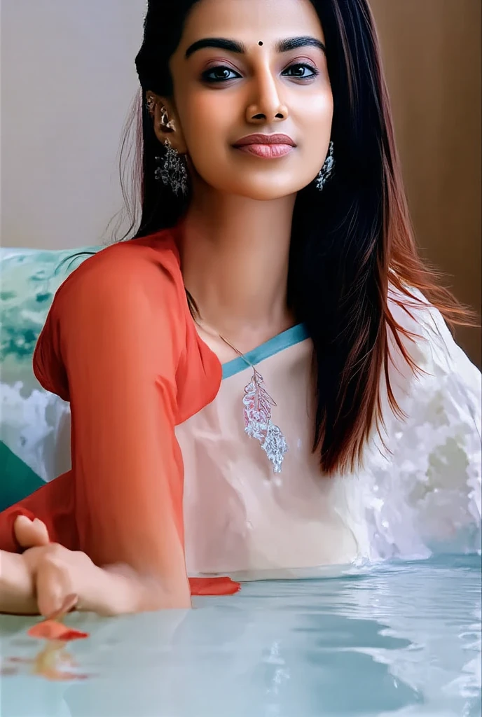 (best quality, ultra-detailed, realistic:1.37), professional, beautiful detailed eyes, beautiful detailed lips, detailed facial features, natural skin tones, perfect skin texture, delicate facial expressions, image in high resolution, realistic face, realistic skin, plain face, natural smile, highly detailed hair, 18yo, (Kiran, beautiful Indian young woman), expresses her artistic side in a creative ensemble, combining a paint-splattered shirt with jeans and carrying paintbrushes. The high-resolution image captures ultra-detailed realism, highlighting Kiran's captivating eyes, expressive lips, and graceful facial features. The vibrant art studio backdrop and colorful artwork create a visually captivating representation of Indian creativity and passion for the arts. straigth:1)