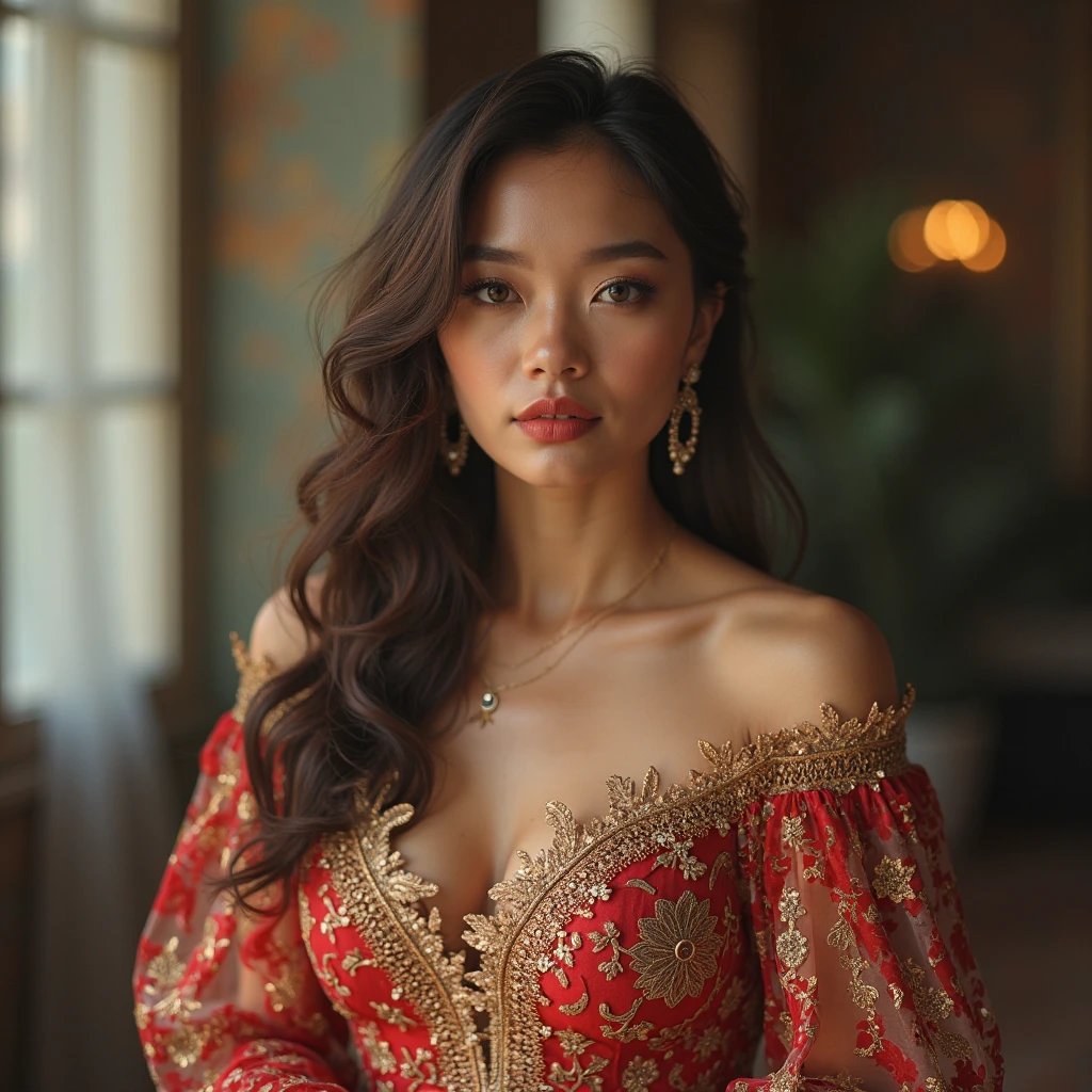 (top-quality,8ｋ,​masterpiece), indonesian woman with maroon lovely dress, a beautiful traditional Dress, big breast, Beautiful fantasy maiden, Beautiful and seductive woman, seductive pose on the bed, puffed up, Colossal , batik Dresses,