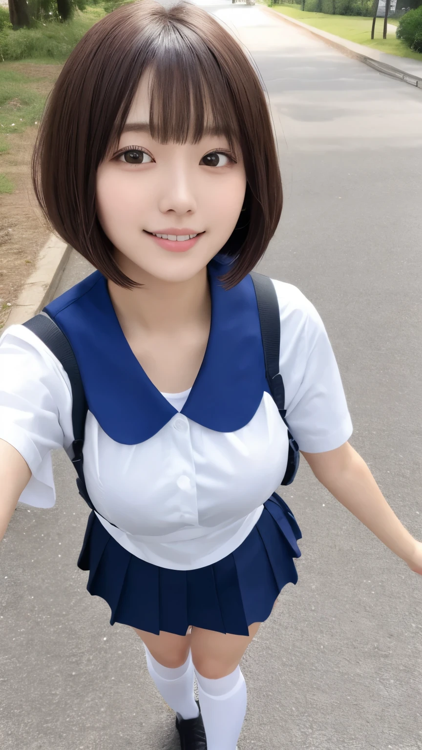 Neat and clean high school girl、(school uniform、Sailor suit、Ribbon tied on chest、Summer clothes、The upper body is white、The skirt is navy blue)、Outside the stadium、(slim)、Realistic、detailed, Skin Texture, 超detailed、Delicate and y collarbone、A sloppy smile、スーバーdetailedな顔、detailed唇、detailedな目、Small breall breasts、、Seasts、Flat Chessize the chest、Bright Face、((Are standing、Her white panties are visible undekirt、Lift the hem of your skirt slightly with both hands.,,))((Naked and wearing only a white 、Naked sexy white apron))、Short hair bangs、aight Bob Hair、、Angle from above、12 years old