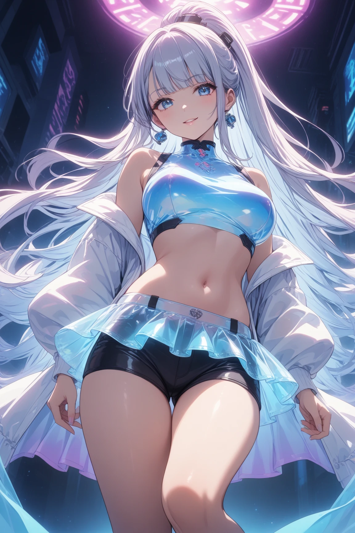 {{masterpiece}}, best quality, extremely detailed CG unity 8k wallpaper, cinematic lighting, lens flare, beautiful detail eyes, black,  side glance,  multicolor short blonde hair, colorful light, particles, heterochromia, (colorful:1.5), (colorful hair:1.5), Wears white bikini, rooftop background,