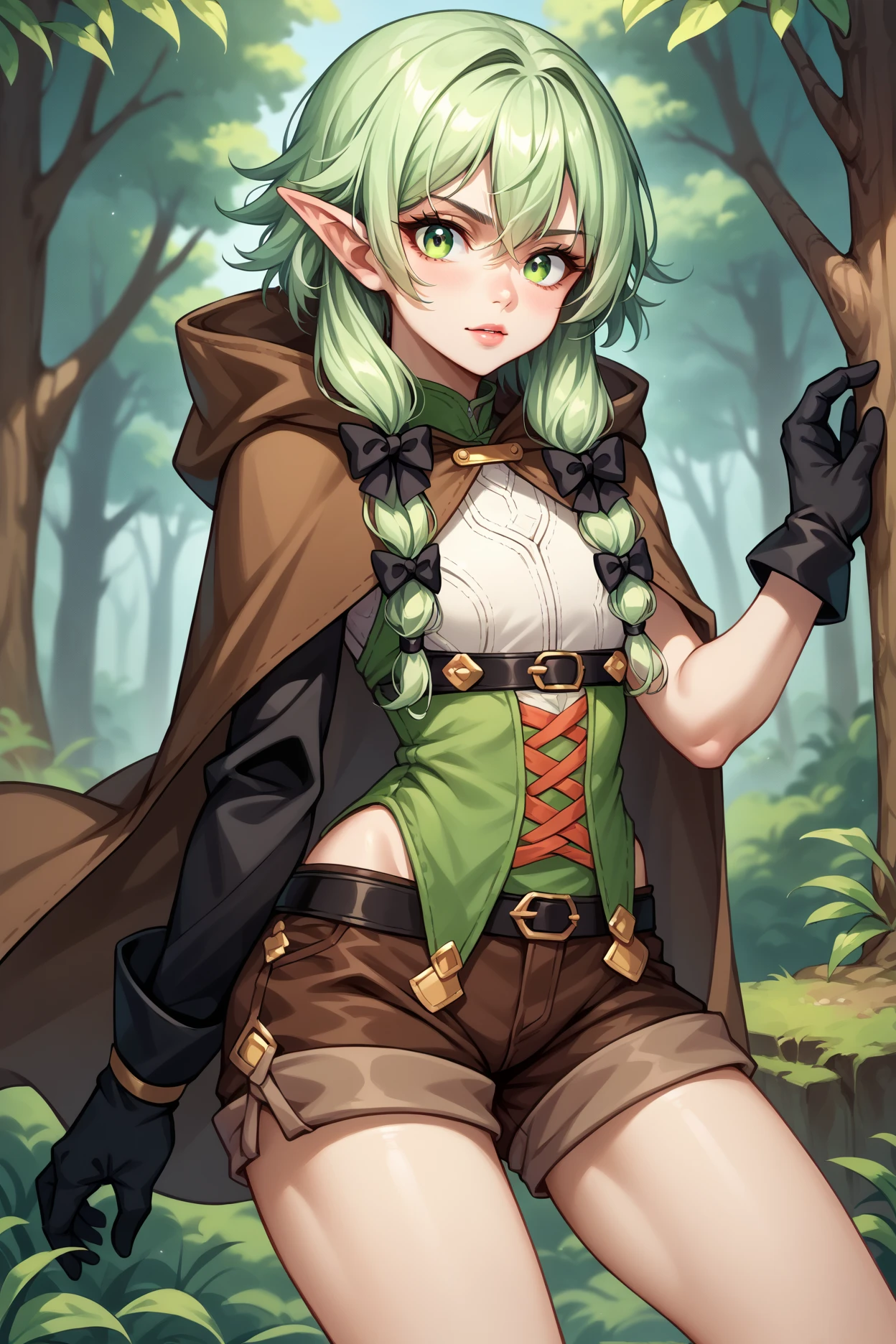 masterpiece, best quality, highres, 1girl, elf, pointy ears, green hair, long hair, green eyes, hair bow, black gloves, brown shorts, sidelocks, cloak, green thighhighs, short shorts, belt, medium breasts, cowboy shot, standing, smile, raised eyebrows