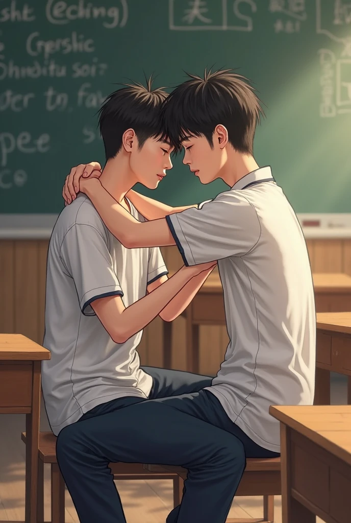 Two high school boys kissing and stroking in classroom