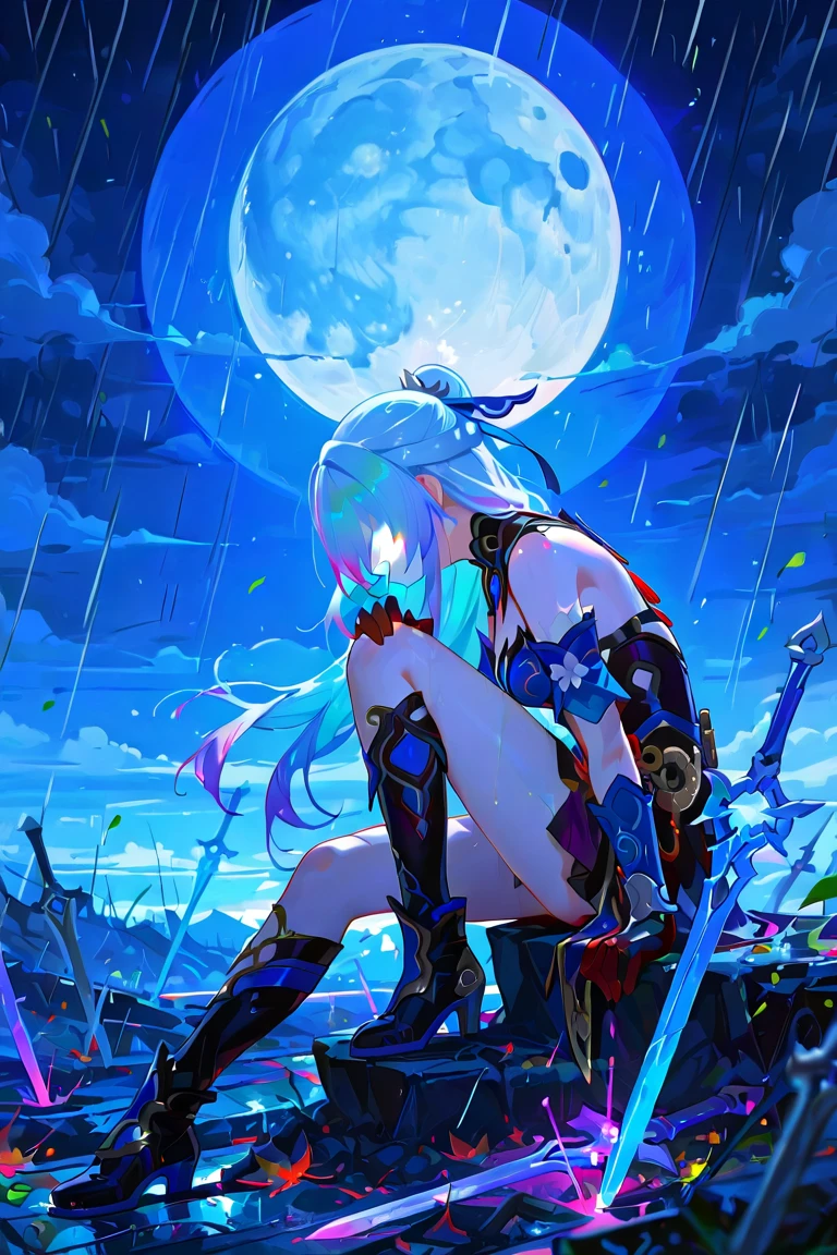 heavy rain，paleskin, hair adornments, epic landscapes,deep in the night，Masterpiece, Best quality,Bare shoulders, white thighhighs, Hair ribbon,grabbing breast