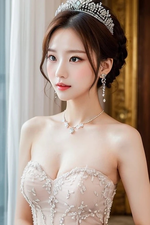 (Canon RF85mm f/1.2, best quality, Reality:1.4, light),(1 girl, Korean mixed, Korean Idol:1.2, beautiful_long_Slim_leg),(long_Brown_Wavy_hair), pink_Shiny_Lips, pink_Eyeshadow, eyelash, powder_blush, cosmetic), (White_Shiny_skin, black eyes, Pores, skin texture, Shiny), (necklace, earrings), Large , Smile, Dynamic poses
