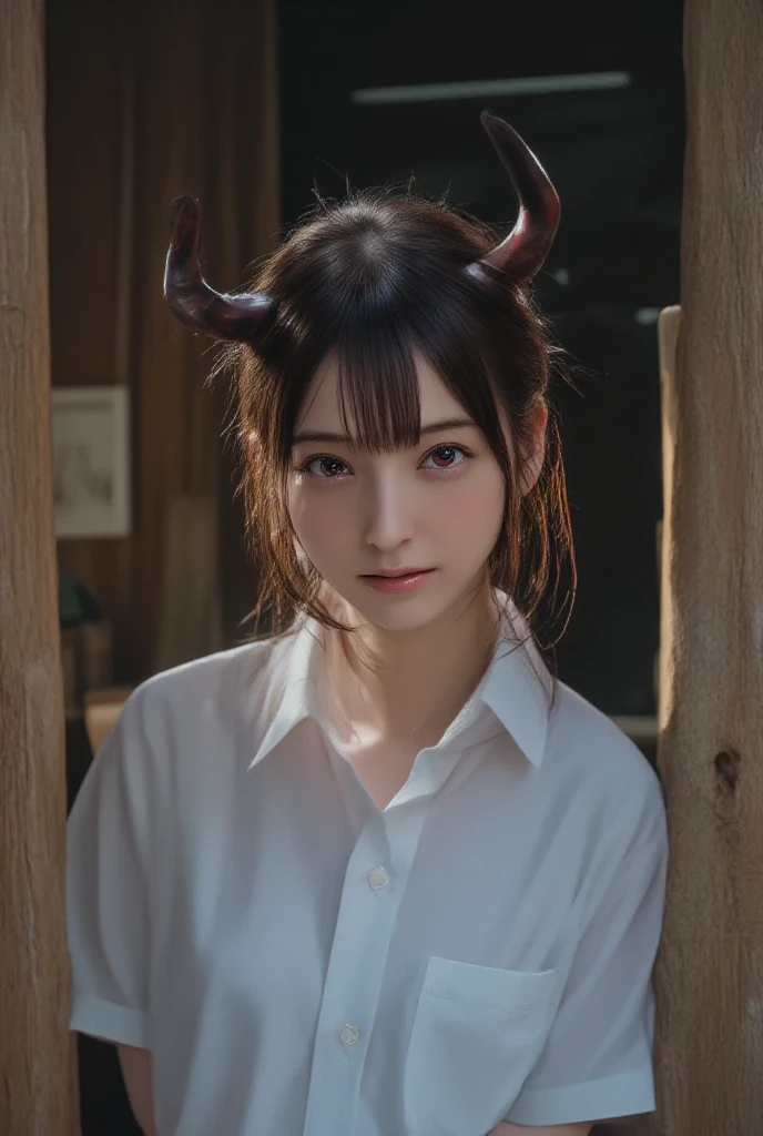 Devil model wearing a polo shirt has red eyes - SeaArt AI
