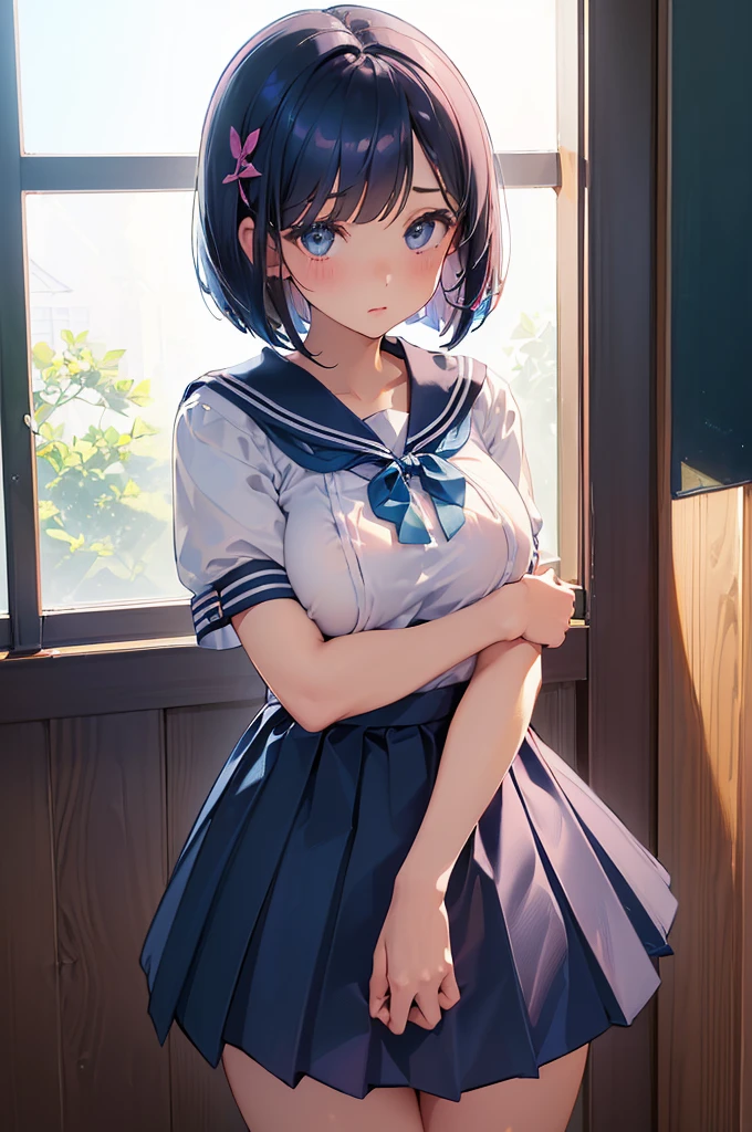 (((masterpiece, highest quality, High resolution, 超High resolution, Perfect Pixel, Depth of written boundary, 4K, RTTX 10.0))), Beautiful Anime Woman, Beautiful art style, Anime characters, ((Smooth texture, Realistic texture, Anime CG Style)), Exact finger count、Exact number of legs、(Exact number of arms:1.0, Exact number of hands:1.0), (Perfect hands, Perfect Anatomy), Cinematic, Realistic, Extremely detailed CG, Daytime lighting, Perfect lighting, Best Shadow, The best natural light, whole body, Perfect body, (Slender body:1.2), whole body, ((bangs, Dark brown hair, Stylish and cute bob cut)), ((A cute woman is sitting and showing off her panties in her hands:1.3)), (Fashionable white shirt, Sailor collar, Knee-high socks, loafers, Navy pleated mini skirt:1.3), ((Sexy and cute panties, (Stylish shiny light blue satin panties:1.2), Small lace panties:1):1.3), (beautiful and very large breasts:1.1), Short torso, Feeling embarrassed, (blush:1.2), (Embarrassed expression:1.4), (In the school classroom:1.5), Angle from the front, holding panties, presenting panties