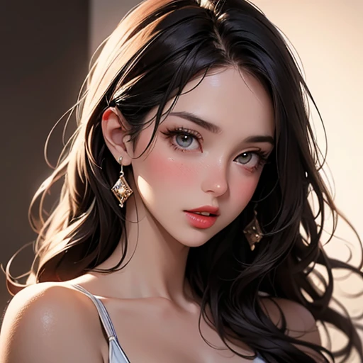 RAW photo, masterpiece, best quality, (1girl), 20yo, studio, cool pose, black dress, stunning beauty, close-up portrait, waist high portrait, sun light, nature light, off shoulder dress, long curly hair, messy hair, studio light, cinematic, ultra realistic, photorealism, dark background