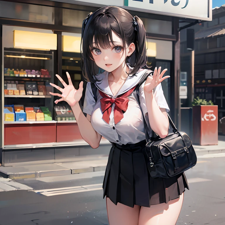 Half blonde and half black hair、(top-quality、in 8K、32K、masterpiece、nffsw、ighly detailed、Impresionismo:1.2)、Full body, (amusement park:1.4)、realistic shadow、beauitful face、blurry backround、16-year-old beautiful girl、shinny skin, Beautiful black and pink hair、Blunt bangs、 braided ponytails、Brown eyes、a sailor suit、pleatedskirt、Black socks、Black shoes、A smile、Striped panties、thighs thighs thighs thighs、from the front side、Opening legs、