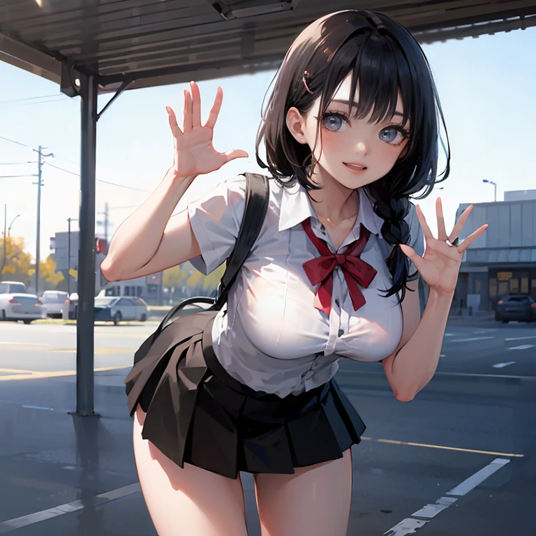 Anime Waifu beautiful detailed eyes, beautiful detailed lips, extremely detailed eyes and face, longeyelashes, 1girl, sensual, young woman, medium breasts, beautiful feminine face, nice thighs, slim, sexy, erotic, beautiful clothes, perfect body, cinematic lighting and framing, (best quality,4k,8k,highres,masterpiece:1.2),ultra-detailed,digital painting,portrait,glamorous,highly detailed,soft lighting,warm color tones a beautiful girl with a ponytail and black hair, smiling shyly with a blush, wearing a black sailor suit and pure white underwear, her skirt blowing in the wind, full body shot, masterpiece, ultra-detailed, cinematic lighting, vibrant colors, soft focus