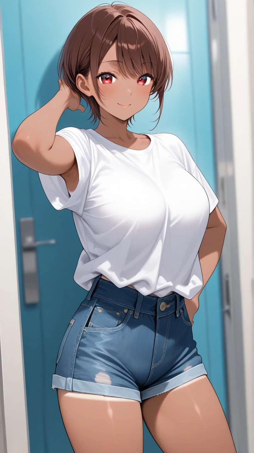 large breast,denim jacket,nsfw,embarrassed,dark brown hair,best quality,masterpiece,white pants,realistic