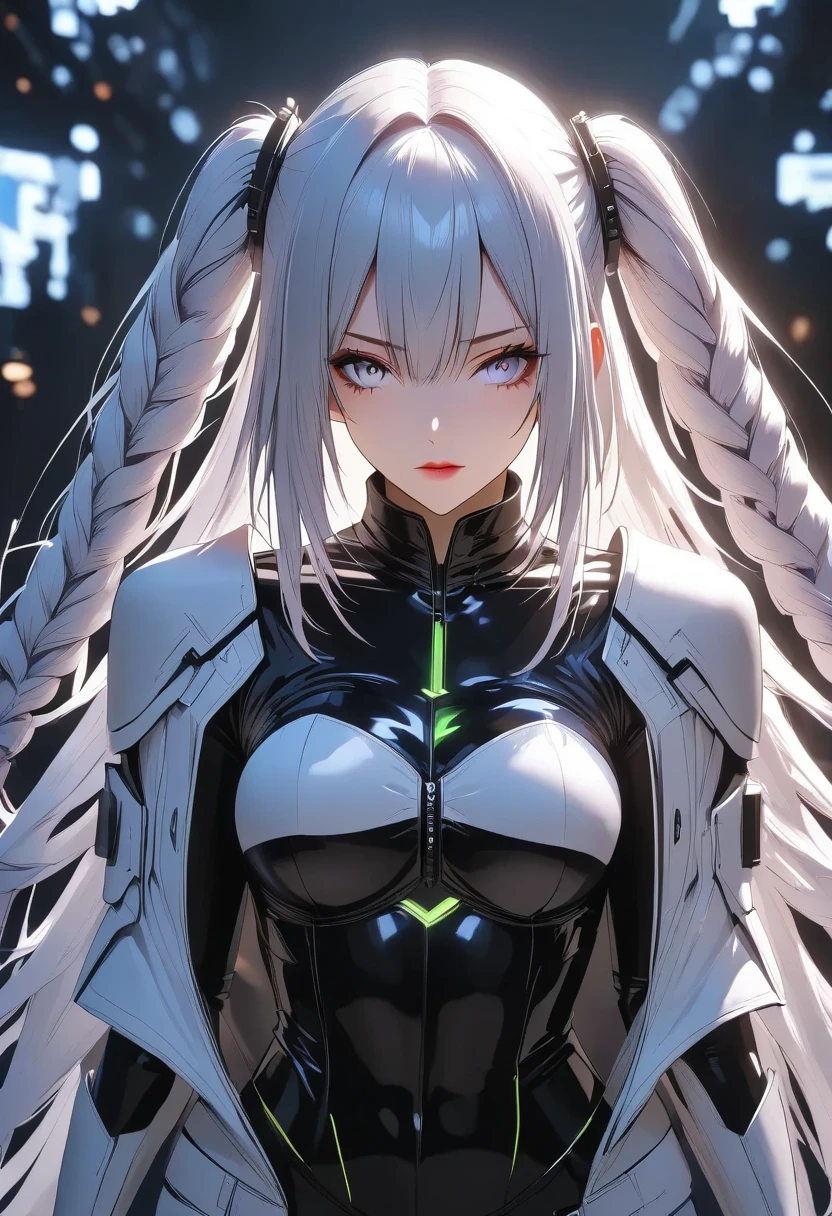 woman with GREEN long hair, green long hair, golden eyes, Pale white skin, green eyebrow, she is wearing a black leather turtleneck top, silver cross accessories, mint background, dynamic shadow, Glossy black makeup, vampire fangs, open mouth, side view, 