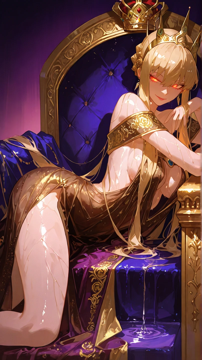 a blonde slave girl with long braided hair kneels beside the bed holding a goblet of wine, gold collar, chains, silk harem clothes, pierced ears, pierced, slave tattoo on hip, bedroom eyes, aroused