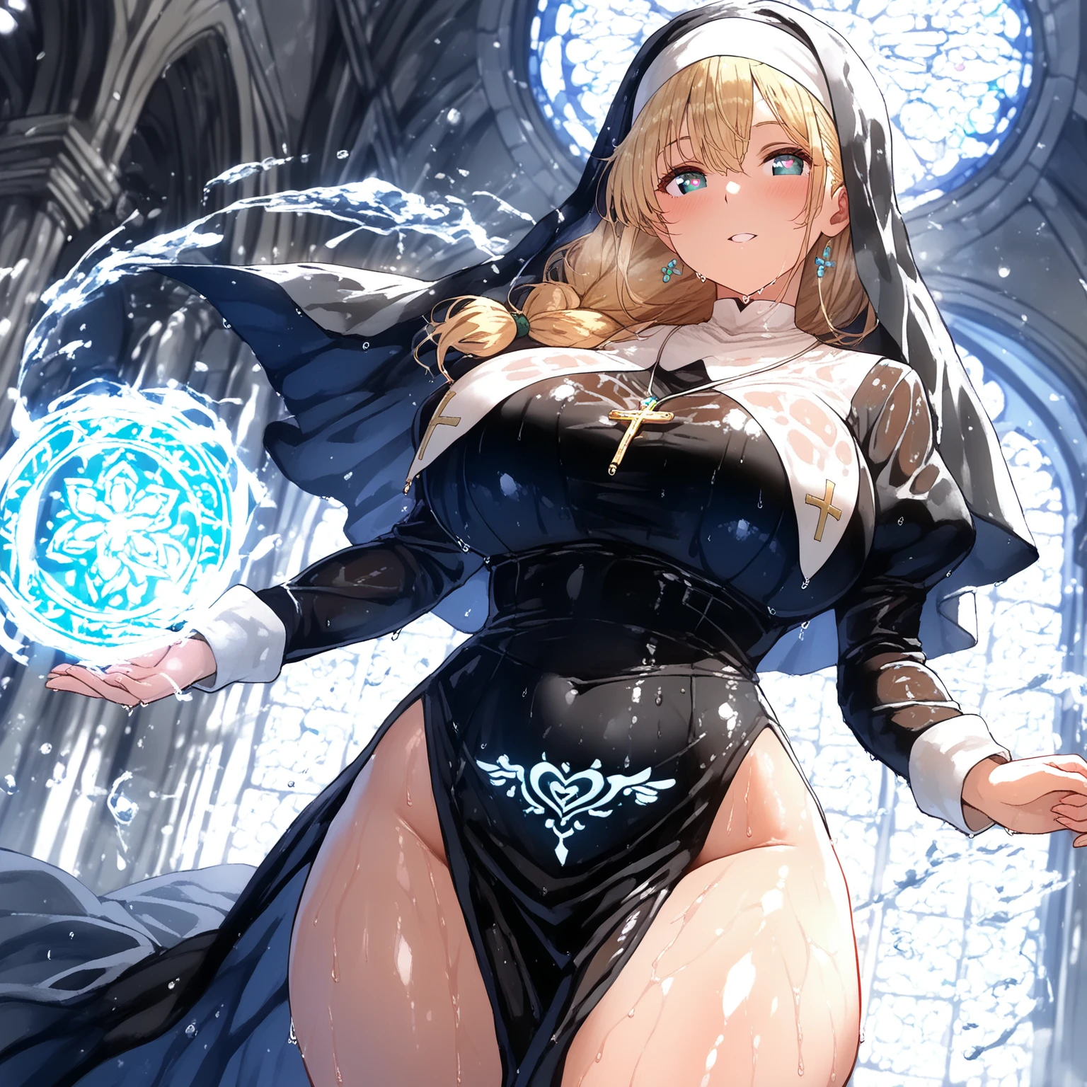 t beautiful and aesthetic, masterpiece, young_girl, ((bavarian_church)), (((enhanced_gravity-defying_orb-shaped_huge_breasts_slightly_attached_to_delicate_chest))). Outfit: (((nun_habit))), ((fabric_clings_body)), ((shimmering_silver-golden_cross-lace_trims)), ((_pearls_and_gemstones_adorn_the_fabric)), ((neckline_plunges_daringly_low)), ((white_stockings_under_habit)), ((transparent_veil_wraps_around_her_body)), ((silver_belts_accentuating_waist_and_chest)), ((provocative__clinging_habit_skirt)), (red_high_heels). Appearance: (golden_locks_hair), ((striking_indigo_eyes). (smooth_alebastre_hue_skin). Body: (tall_and_statesque), (divine_beauty_and_grace), ((ultradetailed_graceful_facial_features), (exaggerated_ultrapronounced_ultrahourglass_body_shape), (thin_slim_toned_waist), (long_toned_slightly_muscled_limbs), (perfect_physical_shape), (perfectly_sculpted_body), (perfect_bodyshape_balance). (round_firm_buttocks), (slender_yet), (voluptuous_curves), (jaw-droppingly_curvaceous_silhouette), (roundness_and_firmless), (lfawless). (epitome_of_sexual_allure), (toned_legs), Breasts: (unrealistically_gigantic_K-cup_enhanced_breasts), (breasts_likened_to_two_massive_spheres), (massive_balls_of_breasts_project_outward), (exaggerated_breasts_size_and_pronounced_curvature), (colossal_breasts_spheres_sit_a)top_the_chest), (((upper_curvatiue_of_breast_unrealisticly_round_creating_pronounced_exaggerated_semisphere)), (colossal_bolted-on_breasts))), beautiful and aesthetic, masterpiece, girl_with_enhanced_gigantic_breasts, unrealistic_breast_shape, ((unparalleled_level_of_breasts_plumpness_and_roundness)), ((pronounced_exaggerated_spherical_breast_shape)), (orb-like_breast_shape), ( little_erect_nipples),(perky_breasts_sticking_out_from_delicate_chest),Detailedface,Enhance,Realism
