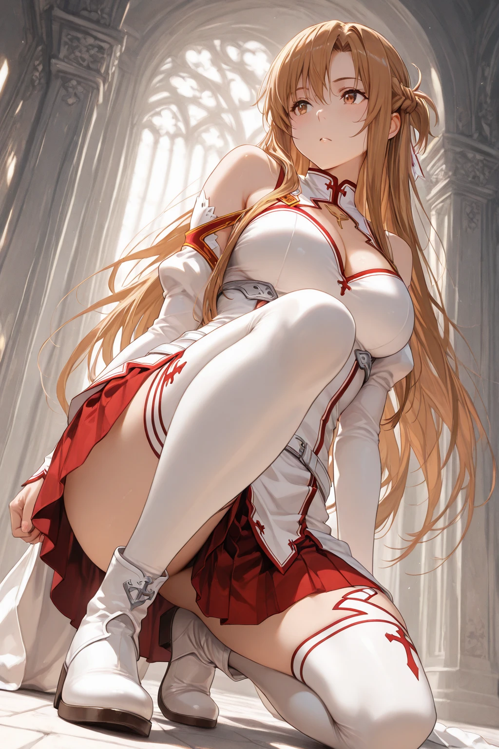 masterpiece, best quality, highres, ddasuna, long hair, brown hair, hair ribbon, brown eyes, bare shoulders, white armor, armored dress, detached sleeves, white gloves, white thighhighs, full body, fantasy, town, (white panties:1.3), (upskirt:1.3)