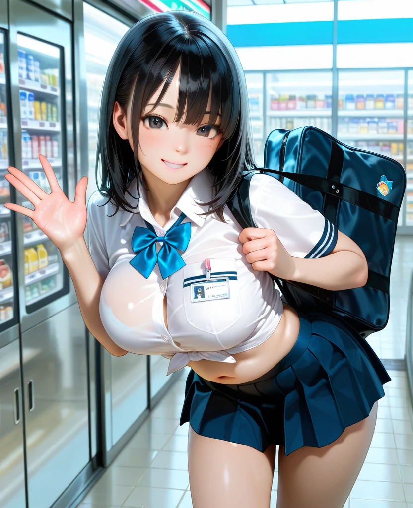 (8K, 超A high resolution, Best Quality, masutepiece:1.2),(18year old:1.2)、(huge smile)、(Look away)、8K、RAW portrait of japanese girl、Photorealsitic、超A high resolution、top-quality、(Nipple protrusion:1.8) (huge-breasted、Close all buttons on the shirt:1.3),(student clothes、Pure White Cutter Shirt、Dark blue pleated mini skirt:1.5)、(From directly below:1.3)、Put your hands behind your head、(Inside a convenience store:1.2) BREAK (Natural Skin Texture、Detailed skin、Hyper-Realism、ultra sharpness)、intricate detailes、depth of fields、Japan idol system、hposing Gravure Idol、Gal、爆乳、a short bob、(Large thigh opening:1.2)、voluptuous breasts、big eye、Thin makeup、bangss、Eye lashes、Crisp double、cheerful look、Dainty schoolgirl、Pure White Cutter Shirt、(Showing off a black ultra-thin T-bag:1.2)、(Squat:1.5)、(Put a white shirt inside the skirt:1.1)、Show the armpits、Black loafers、(Flashy ultra-fine T-back with small area:1.5)、(recess in the areola with protruding areola:1.4)、portlate、Perfect Angle Pro Quality High Resolution Perfect Contrast Perfect Lighting Perfect Composition Perfect Wife Perfect Skin Perfect Hands Perfect Fingers Perfect Chest Perfect Hair Perfect Face Realistic Facial Feature Masterpiece(Black stockings)