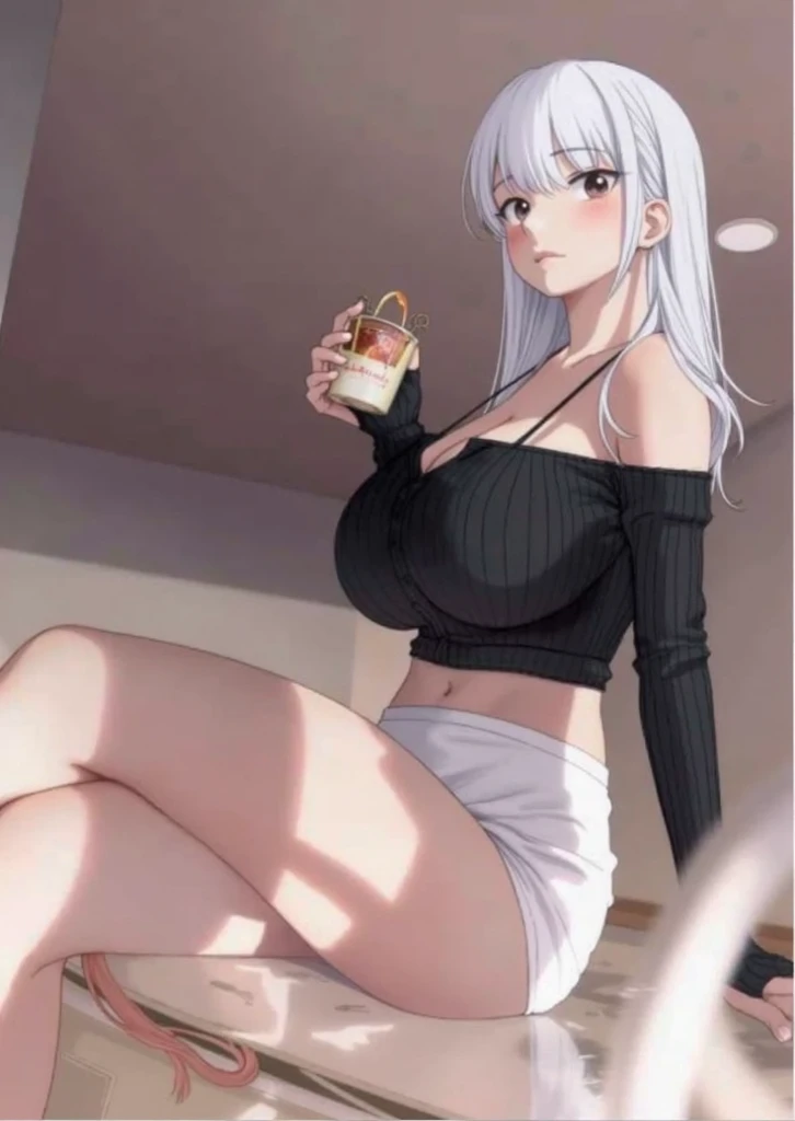 DETAILED, DENSE, MASTERPIECE, one girl, beautiful, wearing white cardigan, one girl lying on bed with blanket, 22 years old, smooth skin, glowing skin, glowing hair, clear eyes, glowing eyes, red eyes, soft lips,(viewer Looking down: 0. 8) smiling slightly, cheeks stained, mouth open, one girl, soft skin, large breasts, glowing skin, cinematic lighting, rich lighting, room lighting, (Masterpiece: 1.0), (Realistic: 1.6), (Soft Focus: 1.5), albino, white hair, horns, full body, big lips, sexy face, sharp eyes, jeans, white top, lolly pop, in shopping trolly, from above, grin, platforms