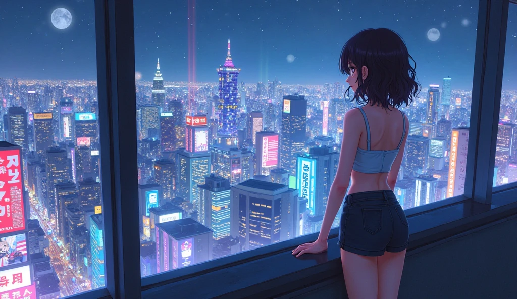 Anime-style girl with large buttocks, back view, back turned, wearing a large black shirt and panties, standing on the balcony of her apartment, looking forward, at the city at night, soft urban lighting, detailed, UHD, trending on Artstation, in the style of Ghost in the Shell, Yoshiyuki Sadamoto
