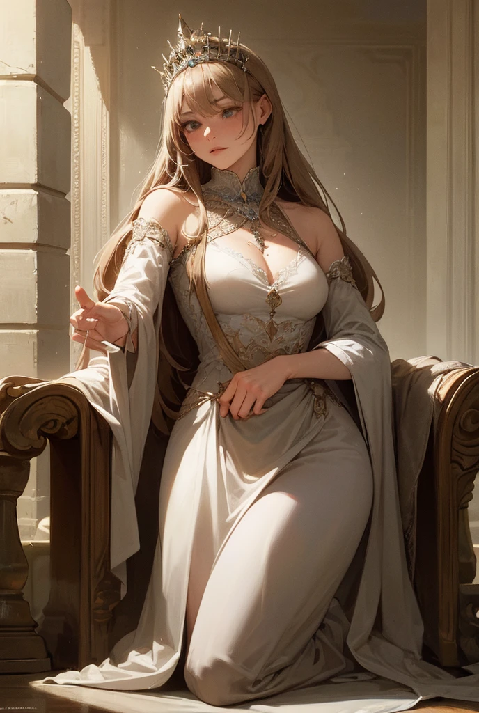 woman in a white dress sitting on a couch, blonde woman, tones, fit, sitting on a couch, black iron bangle, crown, greek goddess, style of game of thrones, shot from game of thrones, from of thrones, beautiful blonde woman in a white dress, iron, iron bangle, silky dress, manacles, (black iron collar), [[busty]], 
