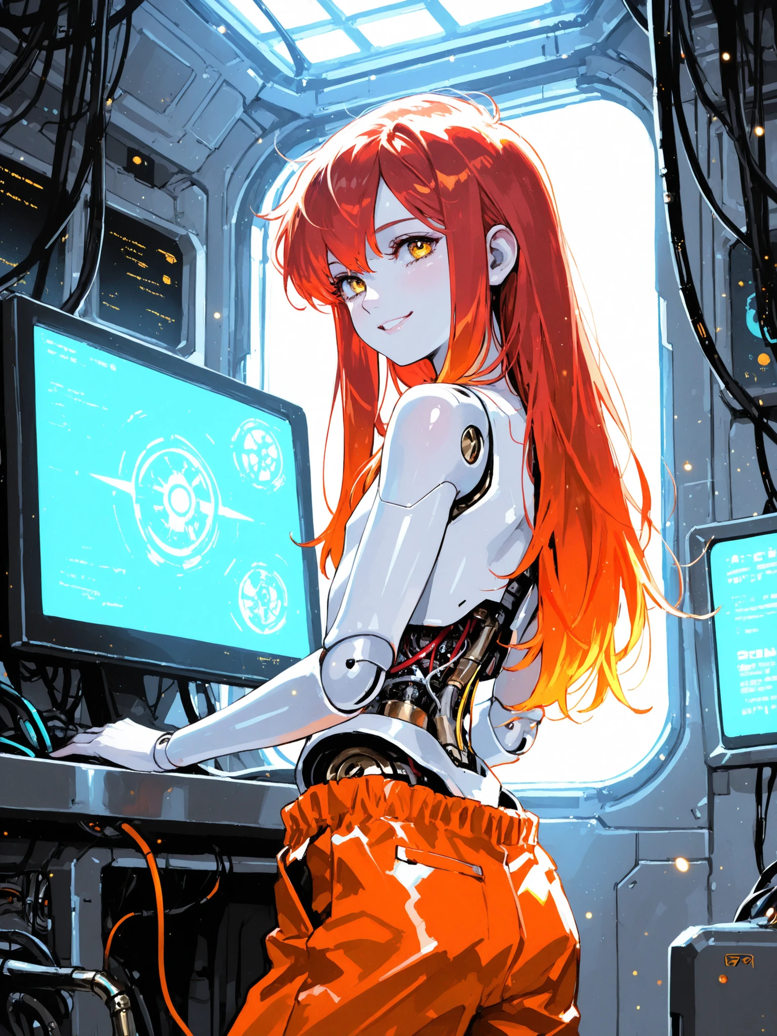score_9, score_8_up, score_7_up, score_6_up, score_5_up, score_4_up, spacecraft interior, backlighting, light particles, BREAK
drosstyle, 1boy, otoko no ko, solo, red hair, orange hair, gradient hair, long hair, topless, yellow eyes, (robot joints:1.4), doll joints, cyborg, android, (mechanical parts:1.2), shiny skin, white skin, orange pants, wire, cable, smile, monitor,retro_neon
