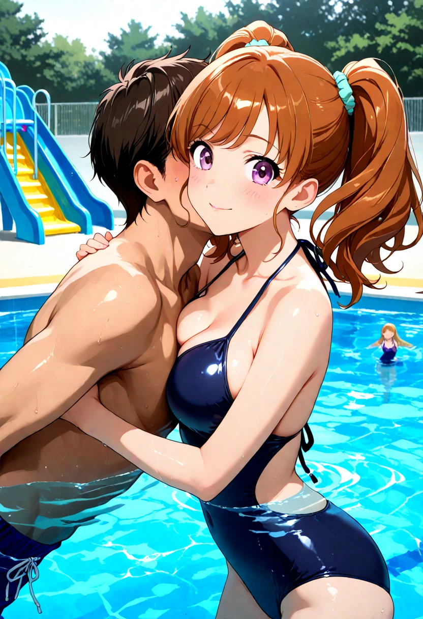 score_9, score_8_up, score_7_up, score_6_up, BREAK, asbsurdres, highres, best quality, masterpiece, <lora:Misty:1> misty, long hair, orange hair, slender, swimsuit, kissing a man, flat puffy chest, one breast out, nipple, backyard pool, penis in hand, cum drool,