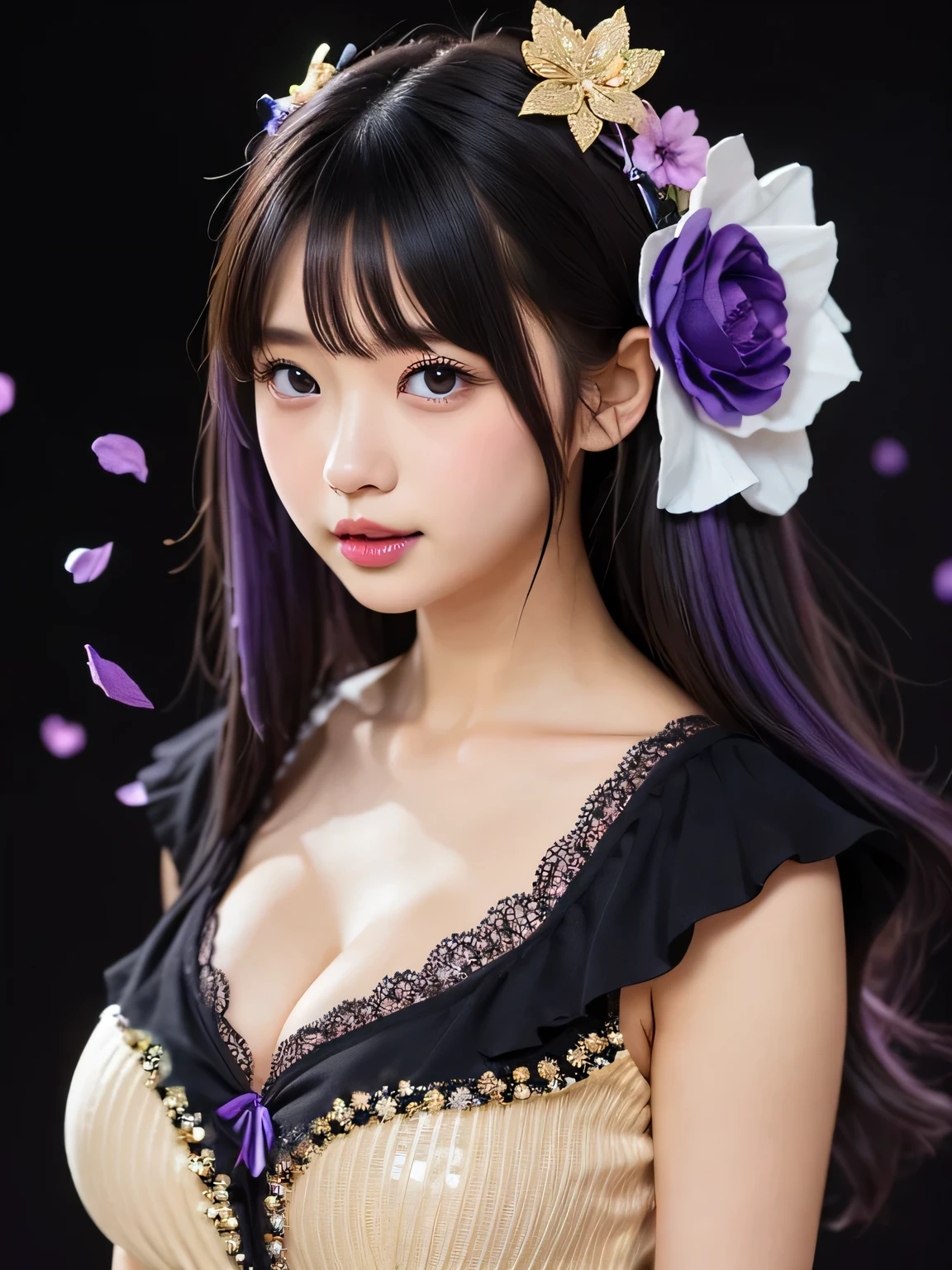 sexy Japanese model who controls poison、beautiful smile、lip-gloss、bold lipstick、intense makeup、look at the camera、full body Esbian、、sparkling poisoned flower costume、、、、sparkling Colorful hair、secrete poison、skull hair accessories、sexy tights、shiny sparkling flowers background