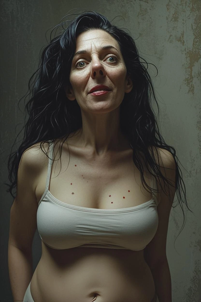 ultra realistic, photography, long dark hair, girl, 30 years old, hourglass figure, perfect body, Flirty look, extremely detailed artgerm, in the style artgerm, small breasts, facing the camera, lens 35 mm, blur background, inside a office, sitting on a black couch, she is wearing a thin tshirt, thin tshirt, tight tshirt, no bra, braless, she is wearing panties, it is cold, hard nipples poking at the fabric of the tshirt, hard nipples, poking nipples, no bra under her tshirt, cold nipples, errect nipples, aroused nipples, perky nipples, see through, sheer