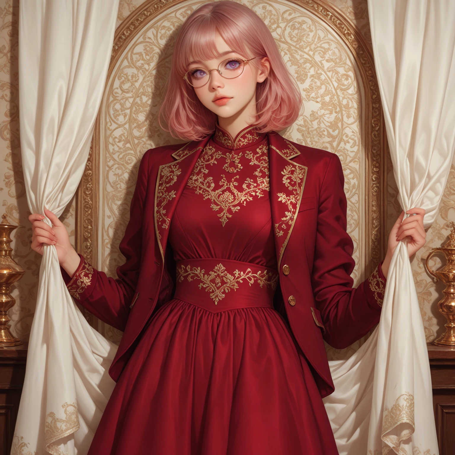 Woman (ethnicity:1.2), (age:1.1), pink hair, wearing glasses - SeaArt AI