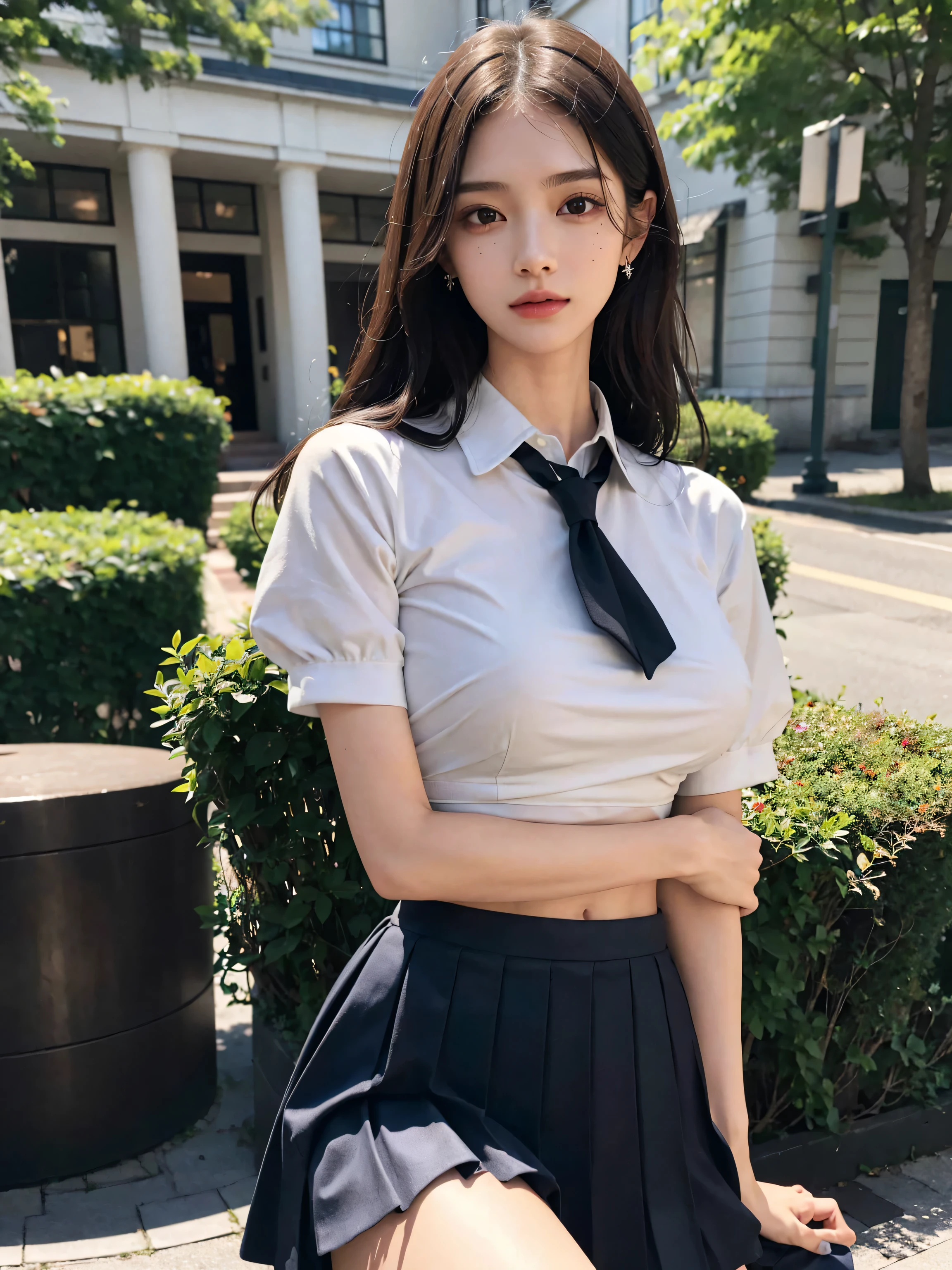 Korean School Uniform,Summer Uniform Shirts,Ribbon Ties,skirt by the,school classrooms,School stairs,Chest Thrusting Pose,8K raw photos,hight resolution,17-year-old Korean,Very big round breasts detailed beautiful eyes,long eyelasher,beautiful double eyelid,eyeshadows,Eyeliner,elongated eyes,elongated eye shape,Sanpaku eyes,evil smile,Evil expressions,Beautiful and very thin legal and very thin thighs,Random short hair,Hair tied at the back of the head,耳Nipple Ring,Bright blonde hair,Teasing expressions,lipsticks,long eyelasher,Black eyeliner,cleavage,Heavy makeup,Selfie angle