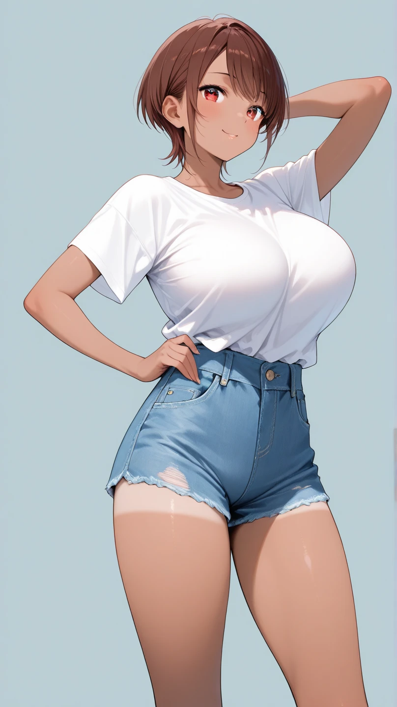 score_9, score_8_superior, score_7_superior, score_6_superior, Mature Woman, {{Super huge breasts}}, Wide Hips, Curvy, Straight hair, short hair, Blonde, blue eyes, White shirt, Sleeveless shirt, Underbust, Mind Shorts, indoor, Are standing, View your viewers, smile, Full Body View