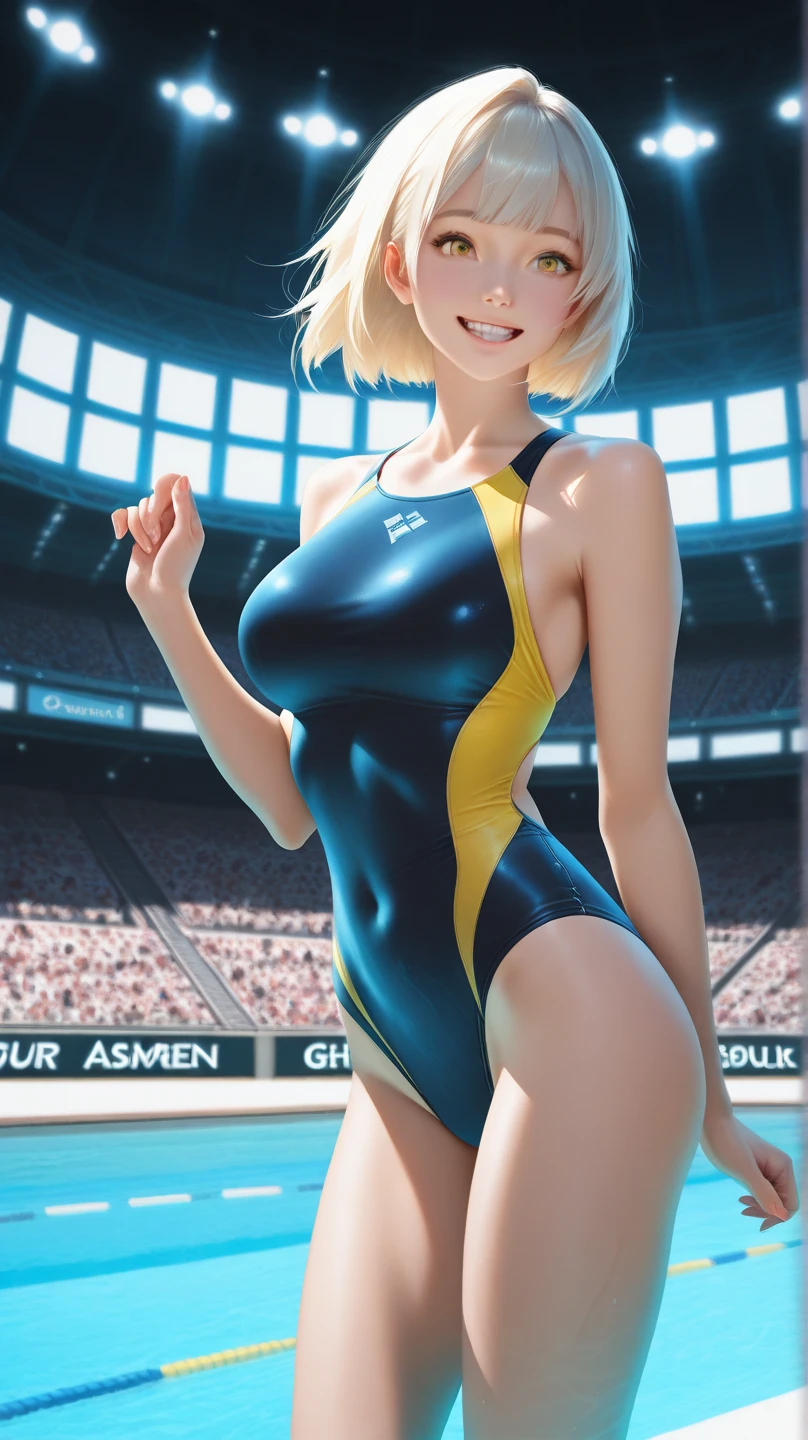 masterpiece、highest quality、High resolution、Two realistic girls、competitive swimmer、Close-up of a person、Wearing a blue bodysuit、During competitive swimmerics competitions、smile、Swimming Venues、sexy competitive swimwear