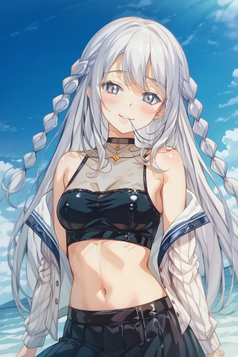 (masterpiece:1.2), (best quality:1.2), perfect eyes, perfect face, perfect lighting, expressive eyes, 1girl, milf, animal ears, long white hair, innocent smile, half closed eyes, big breasts, tank top, crop top, jorts, (underboob), covered nipples, thong, cowboy shot, looking at viewer,