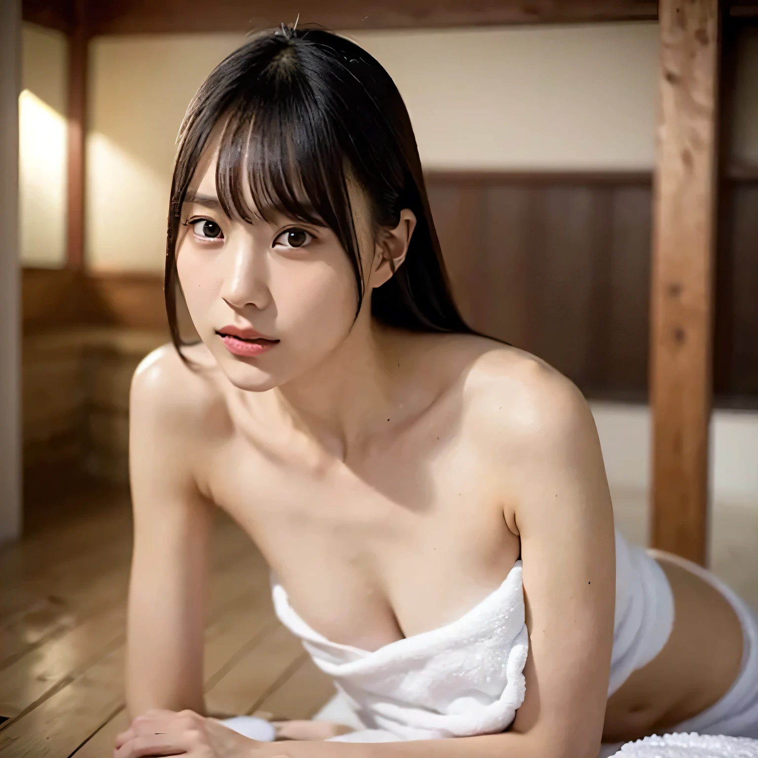 (best quality), (masterpiece), (1girl), solo, japanese girl, 8k protrait photo, full body shot, depth of field,  (indoors), araffe, (perky firmed breasts), （slim waist), (beautiful face, detail eyes), sheer night dress, ultra-detailed, bare shoulders,  good anatomy, beautiful detailed eyes, photography,