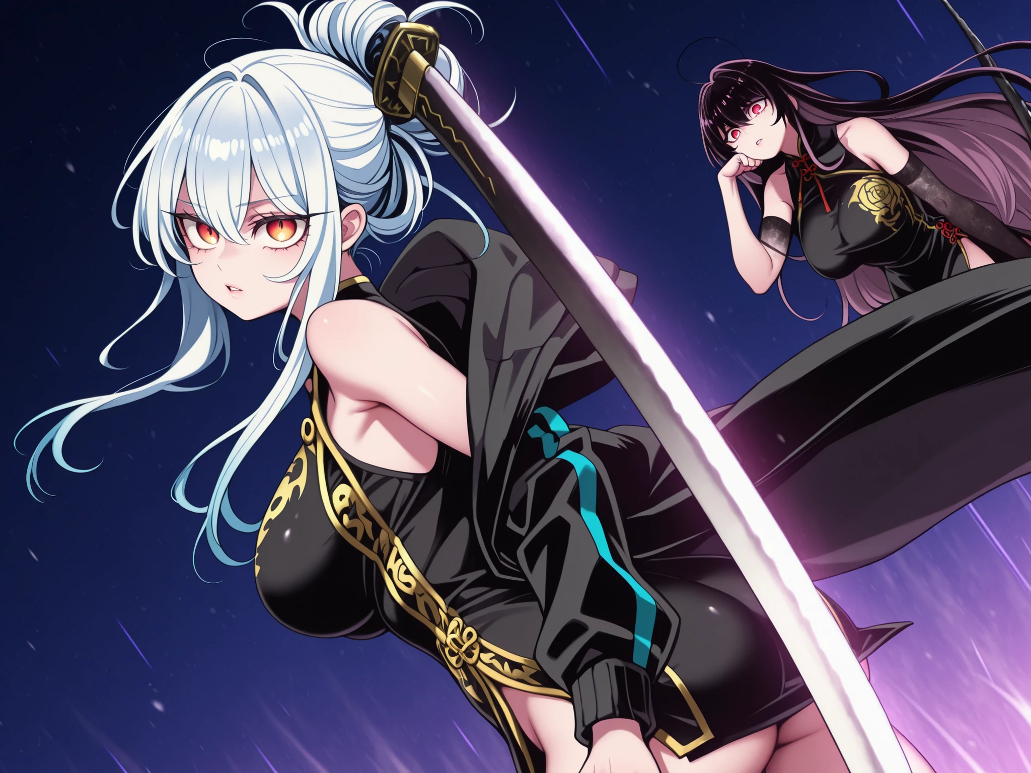 Sozinho, 1 , jovem Personagem, age Personagem, Personagem;
cabelo azul ciano, the Personagem's hairstyle must be the same as Lily from "Lilith's Cord" (long pigtail hairstyle), franja longa, pigtail hairstyle;
The Personagem's face must be the same as Lily from "Lilith's Cord", olhos como Lily de "Lilith's Cord", cute expression, jovem, sensual, perfect and beautiful face, long pigtail hairstyle, big breasts and ass;
anatomia perfeita, big breasts and ass, Black coat like Reed, a Chama Sombra em "arknights", sexy black Chinese dress (Chinese dress with gold details), exposed arms, em uma pose sensual, bunda animada, short body height;
Holding a black sword with gold details, ornamentos de ouro, divine and beautiful large sword, cyan blue blade;
fundo preto, attack position, looking at the observer, The Personagem's height should be the same as Lily from "Lilith's Cord";
pose chamativa, exposed shoulders and head, perto do rosto , looking at the Personagem, looking at the observer, cara a cara, cute expression, confiante;