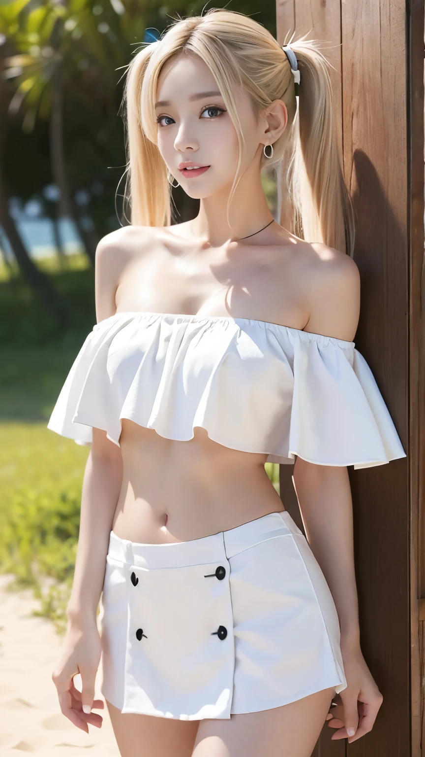 (8K, Realistic, RAW Photos, Highest quality: 1.4, detailed),Japanese idol-style beautiful girl,1 person,18-year-old,(Short Bob),(Silver Hair :1.1),She has her hair tucked behind her ears,Large, clear grey eyes,Long eyelashes,(piercings(small)),(Lip gloss),lips(Plump,glossy),Translucent white and finely textured skin,thin long neck,Breast of beautiful shape,thin abdomen,Firm waist,Upward hips,Off-the-shoulder tops(Frills,Sheer lace),Denim shorts,shoes,Tropical resort,Looking at the camera and smiling gently,Front view,Full body portrait