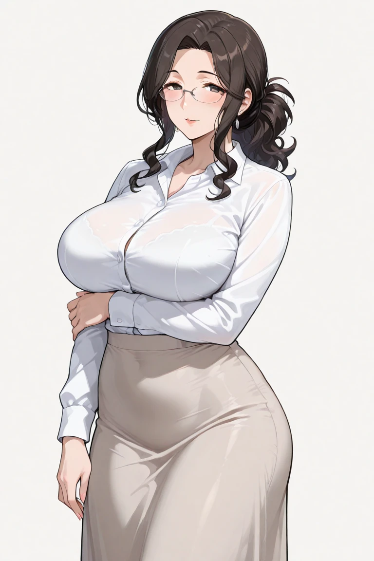 mature woman,modest mature housewife,round glasses,black hair,at rich home,mature curvy body,straight hair,easy-going face,transparent shirt blouse,sweaty,transparent skirt