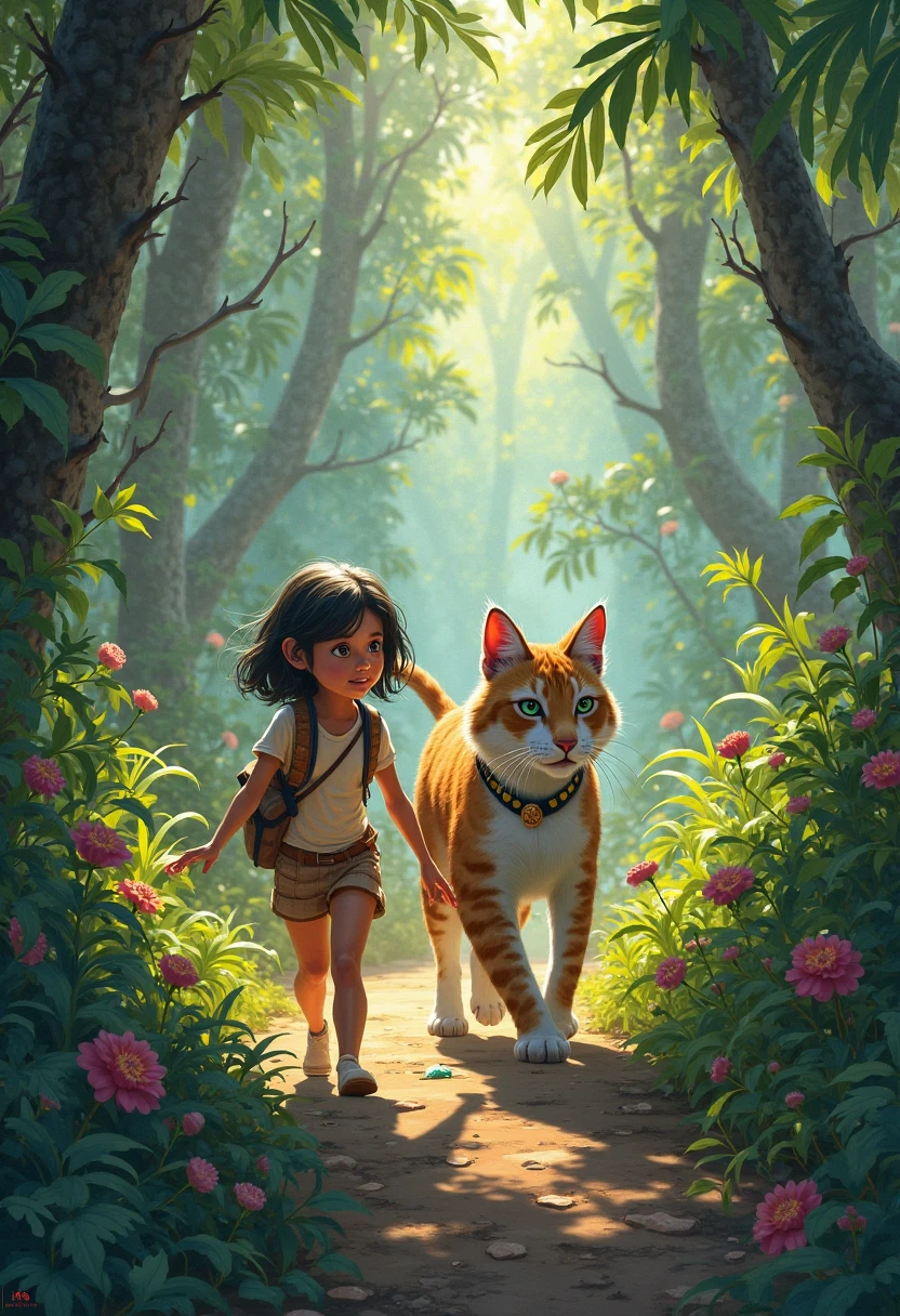 Little girl( with short hair asleep dreaming that a puma is chasing her in the jungle)